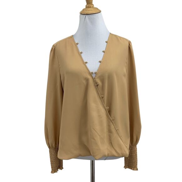 L'agence Blouse Womens S Small Caramel Smocked Blouson Sleeve V Neck Pleat Back - Picture 1 of 13